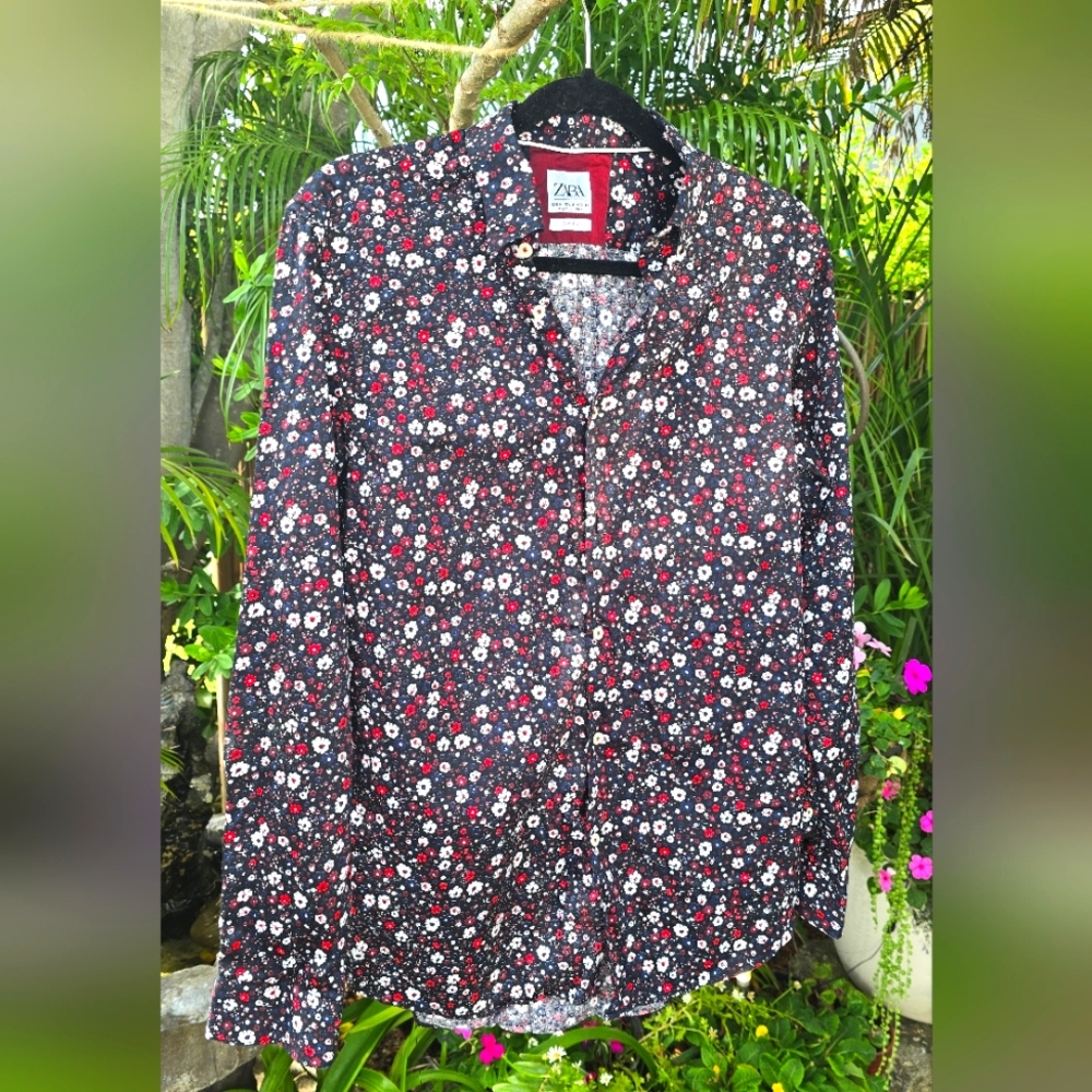Zara Black Floral Print Mens Button down Shirt Size M